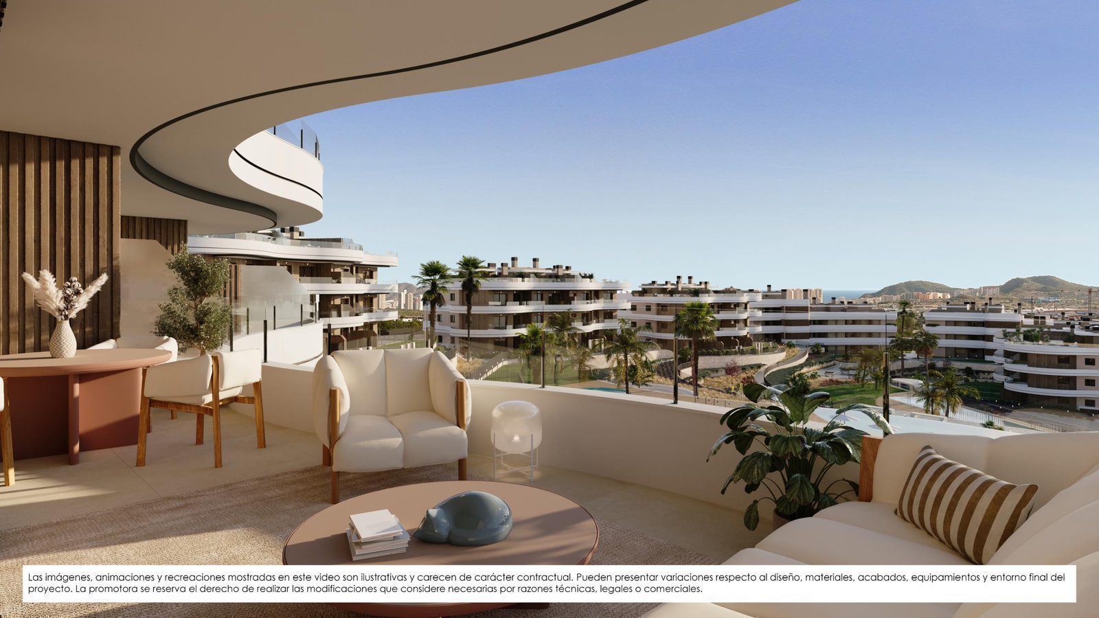 Furnished terrace overlooking landscaped gardens and mountains of a 3-bedroom apartment in Finestrat - The Estates