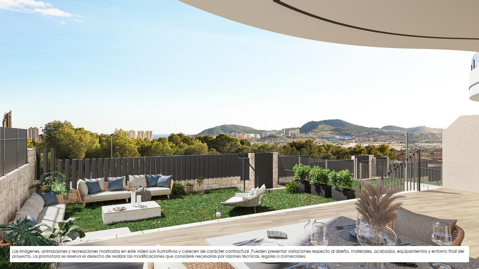 Private garden terrace with outdoor seating and mountain views of a 3-bedroom apartment in Finestrat - The Estates