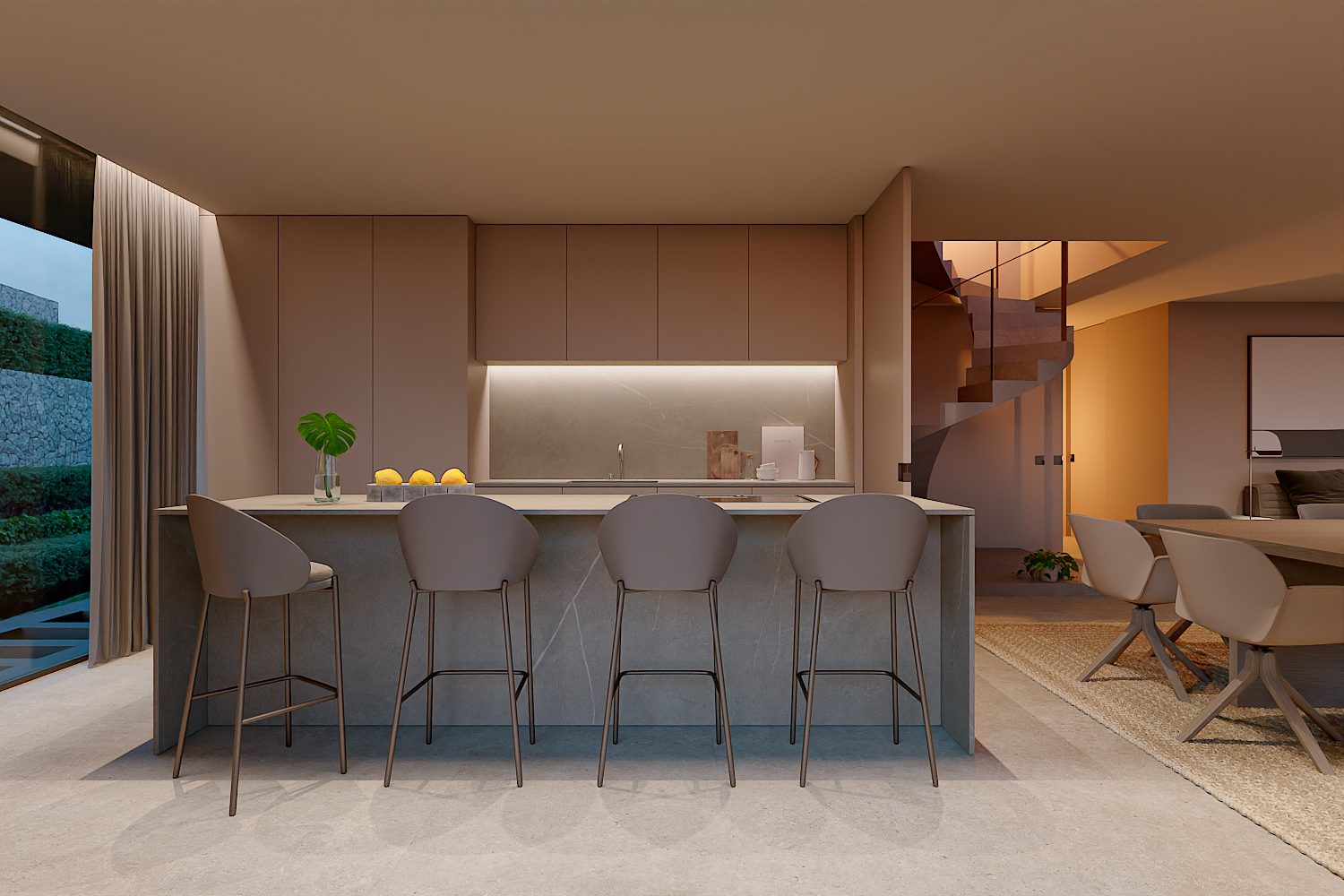 Modern kitchen with island, bar stools and dining area of a 3-bedroom apartment in Altea — The