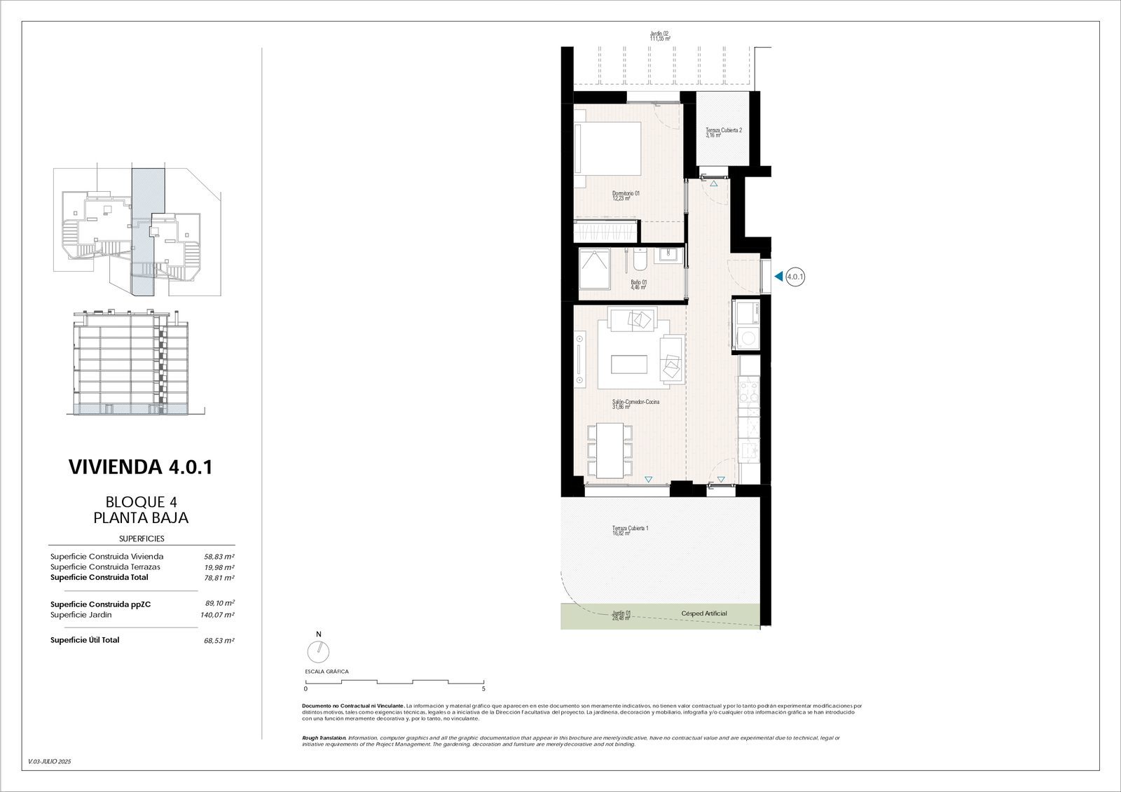 Floor plan showing a 1-bedroom apartment with terraces and garden in Villajoyosa - The Estates