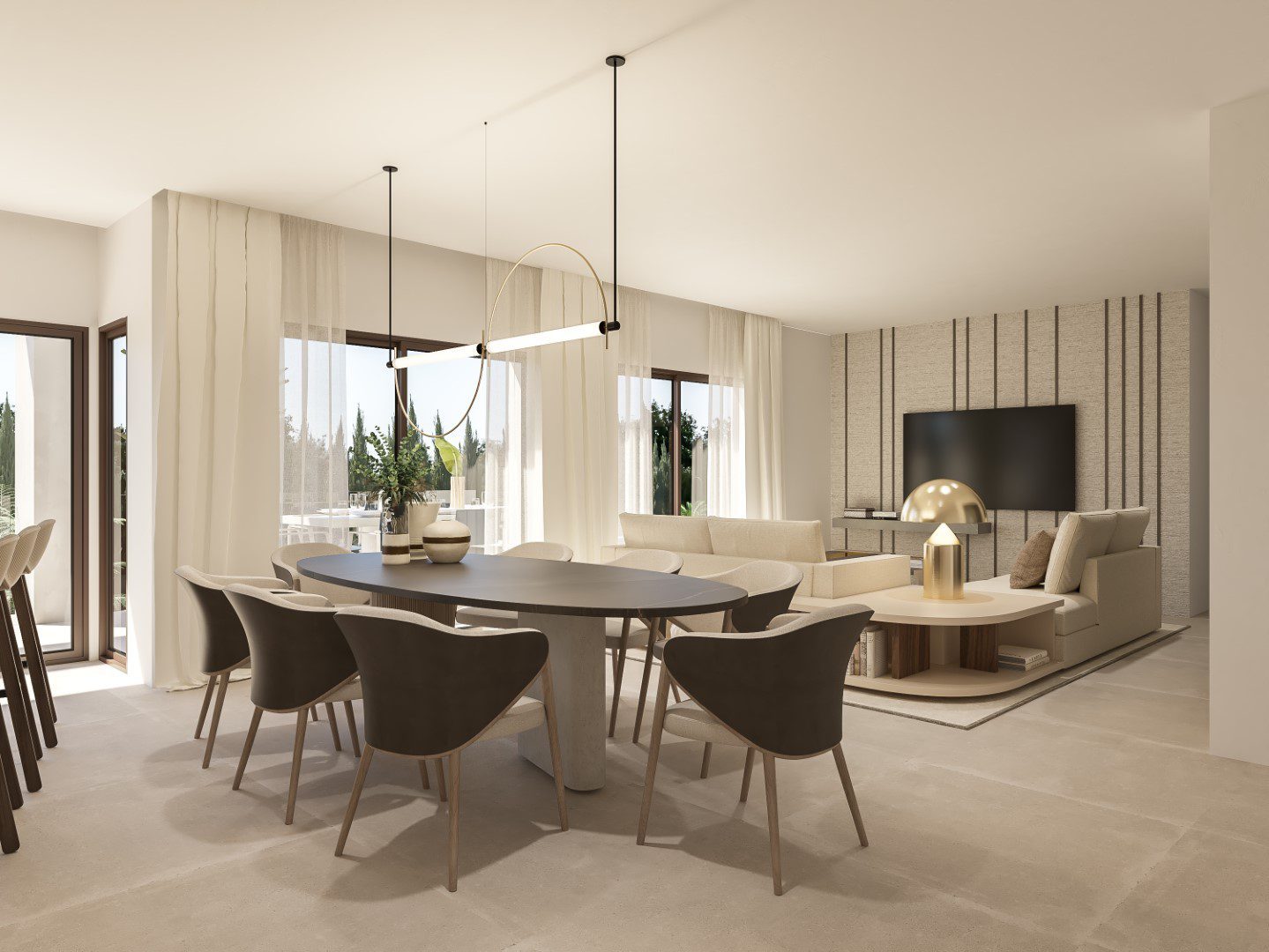 Open-plan dining and living room with contemporary furnishings of a 4-bedroom villa in Jávea - The Estates