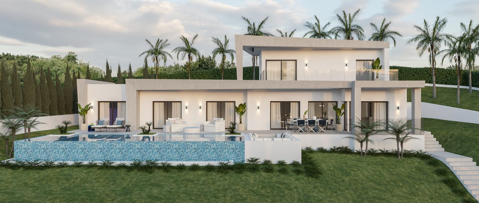 Modern exterior of a 4-bedroom villa with pool, terraces and landscaped gardens in Jávea - The Estates