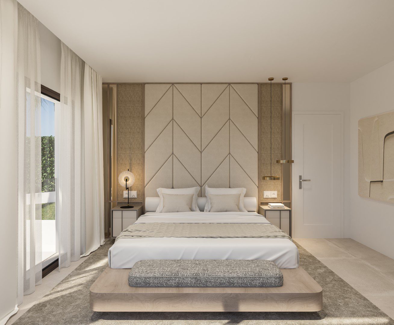 Modern master bedroom with upholstered headboard, bedside tables and garden views in a 4-bedroom villa in Jávea - The Estates