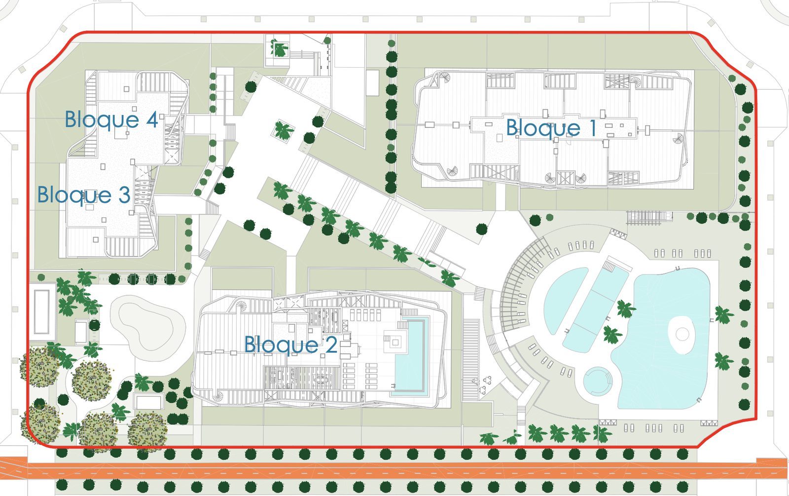Site plan showing apartment blocks, landscaped grounds and swimming pools of a 3-bedroom apartment in Villajoyosa - The Estates