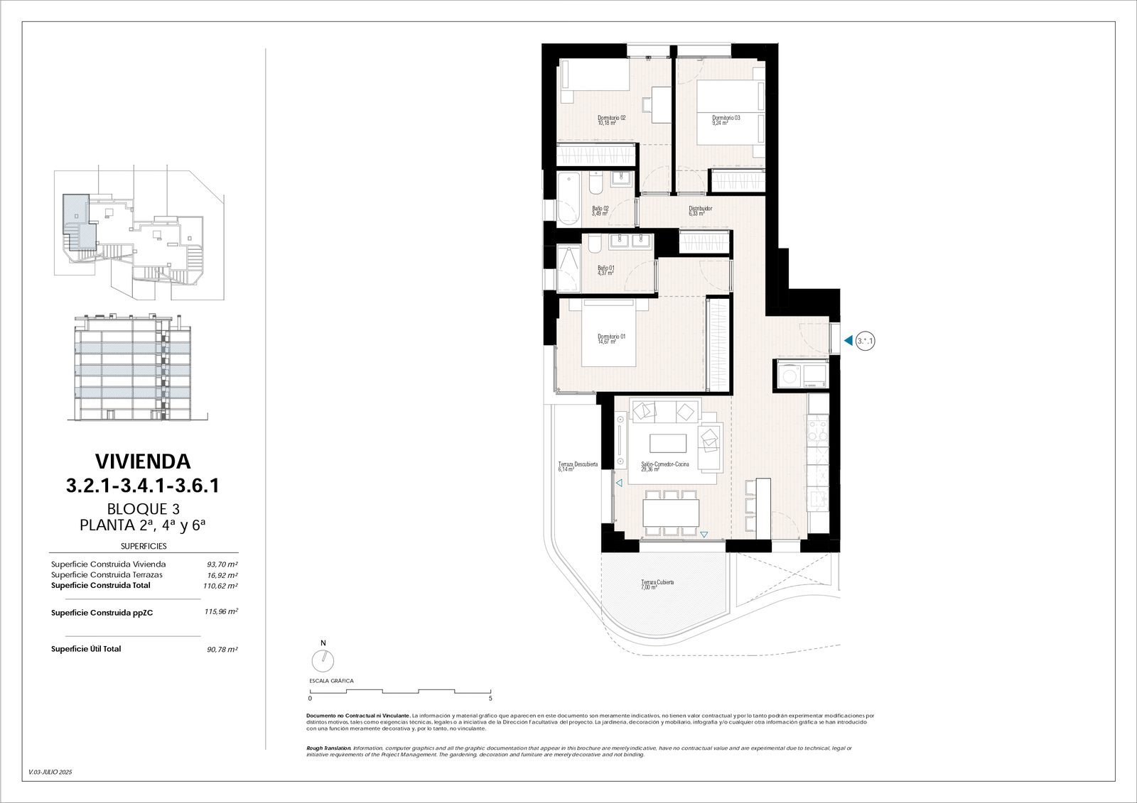 Floor plan showing the layout of a 3-bedroom apartment in Villajoyosa - The Estates