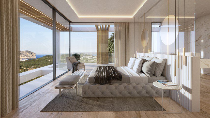 Contemporary bedroom with floor-to-ceiling windows and sea views in a 4-bedroom villa in Jávea - The Estates