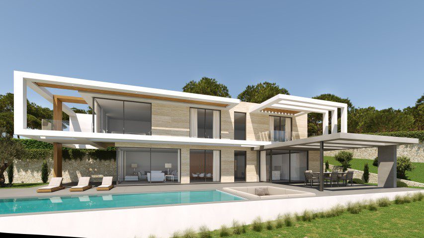 Modern villa exterior with swimming pool and garden of a 4-bedroom villa in Jávea - The Estates