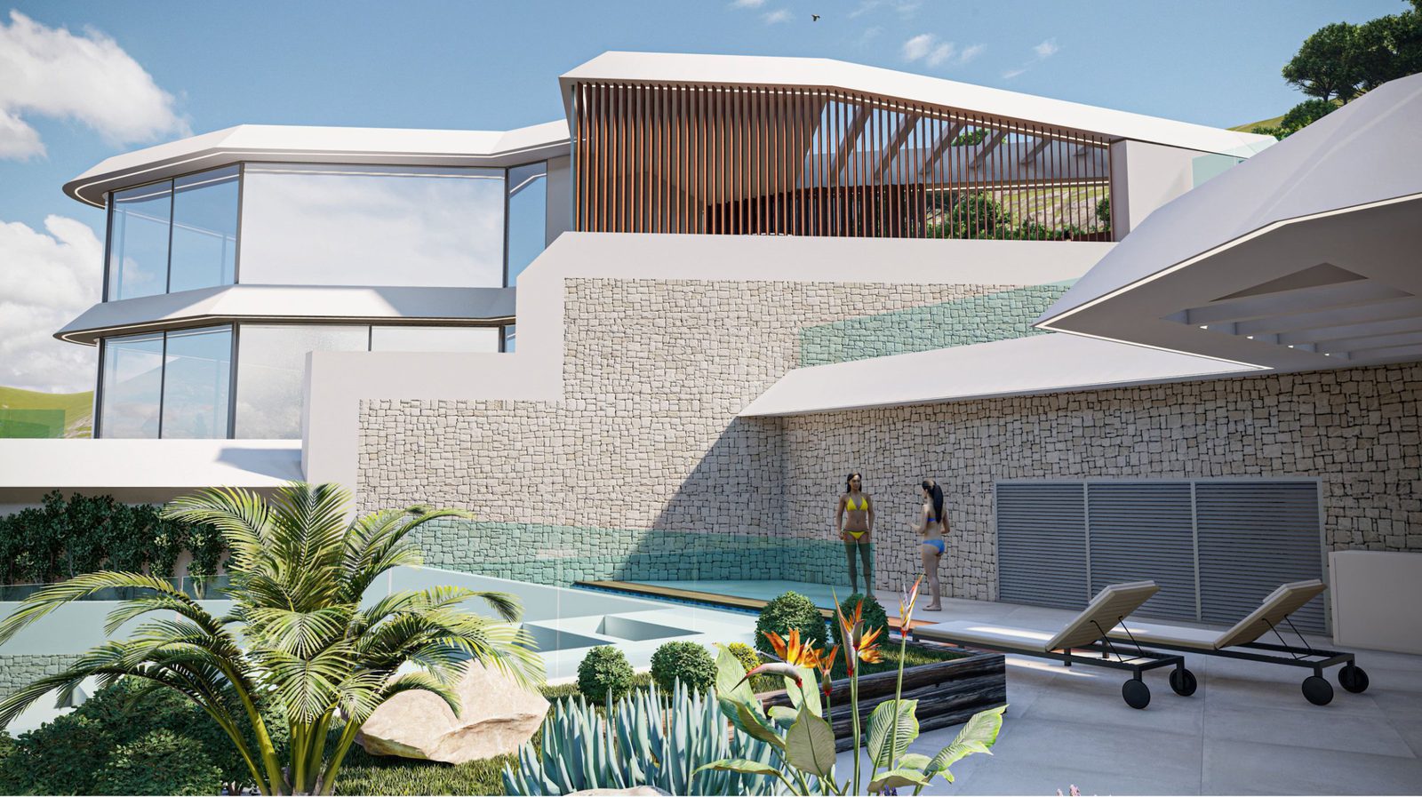 Modern villa exterior with pool and lush landscaping in Calpe - The Estates