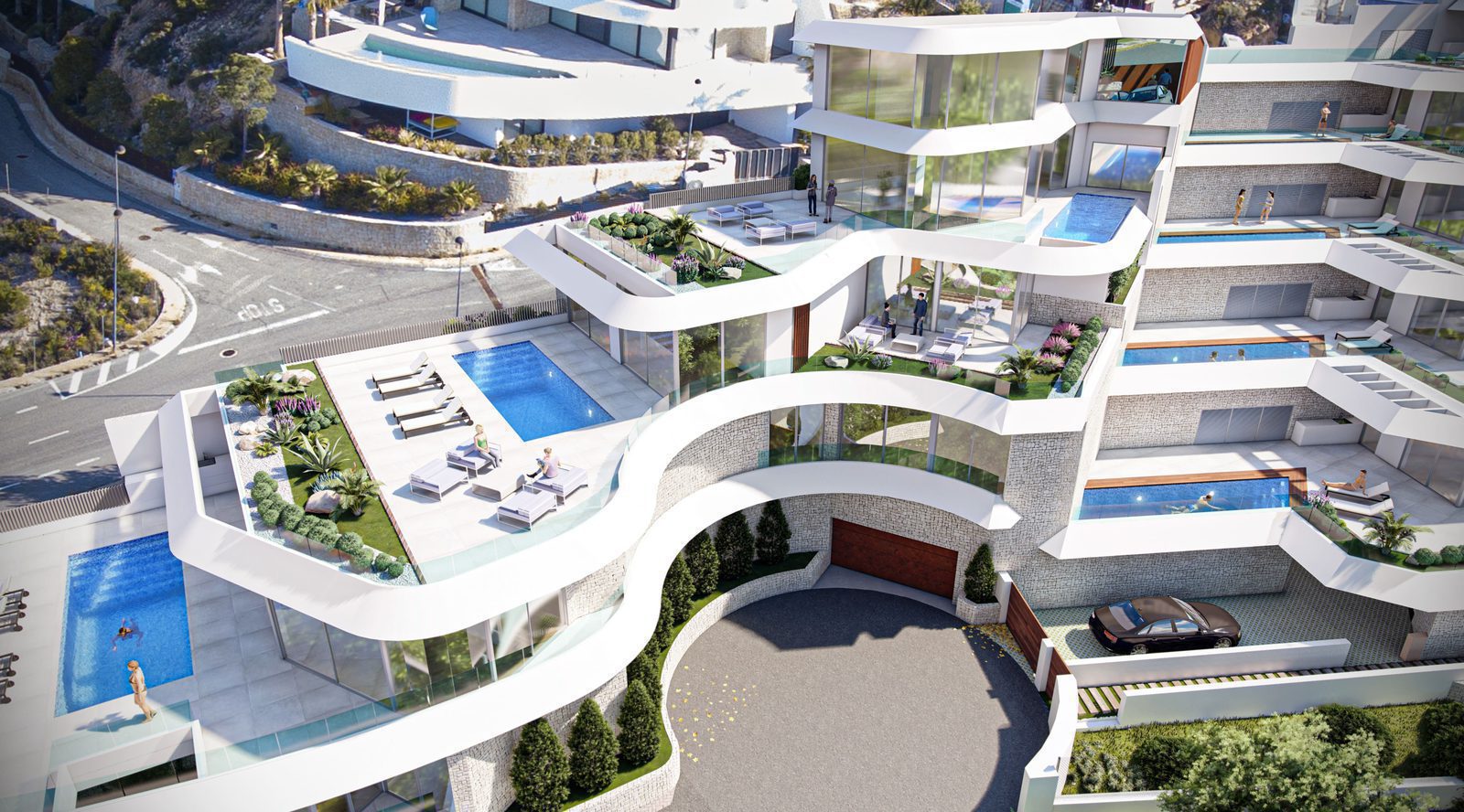 Aerial view of a modern 4-bedroom villa with a pool and sea views in Calpe - The Estates