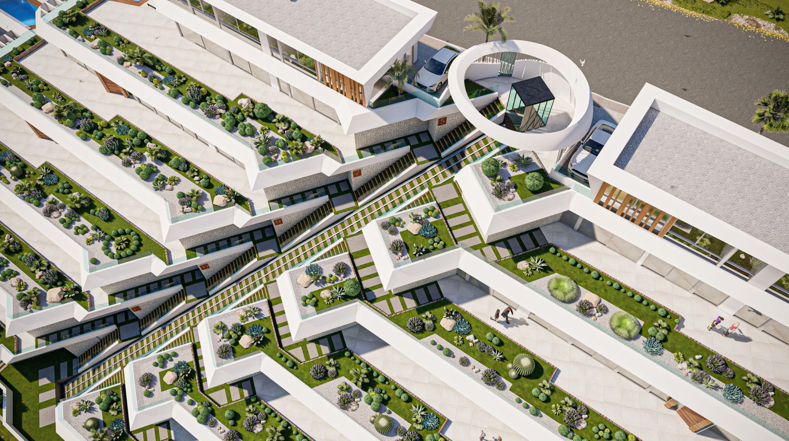 An aerial view of the modern architecture and landscaped gardens of a 4-bedroom villa in Calpe - The Estates