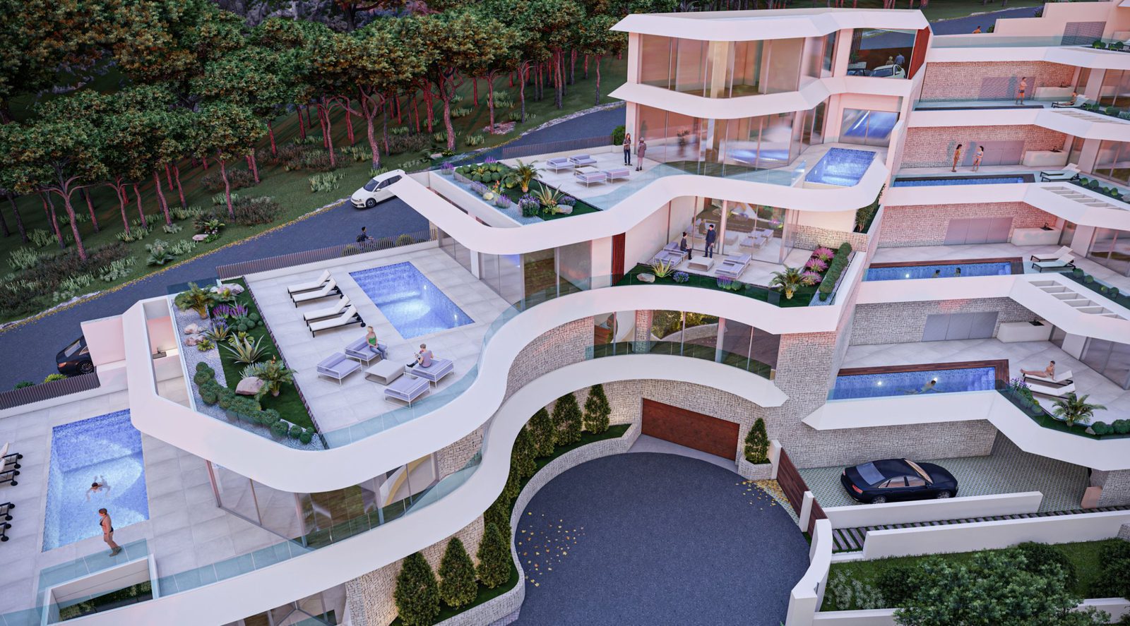 An aerial view of a modern 4-bedroom villa with a pool and terraces in Calpe - The Estates