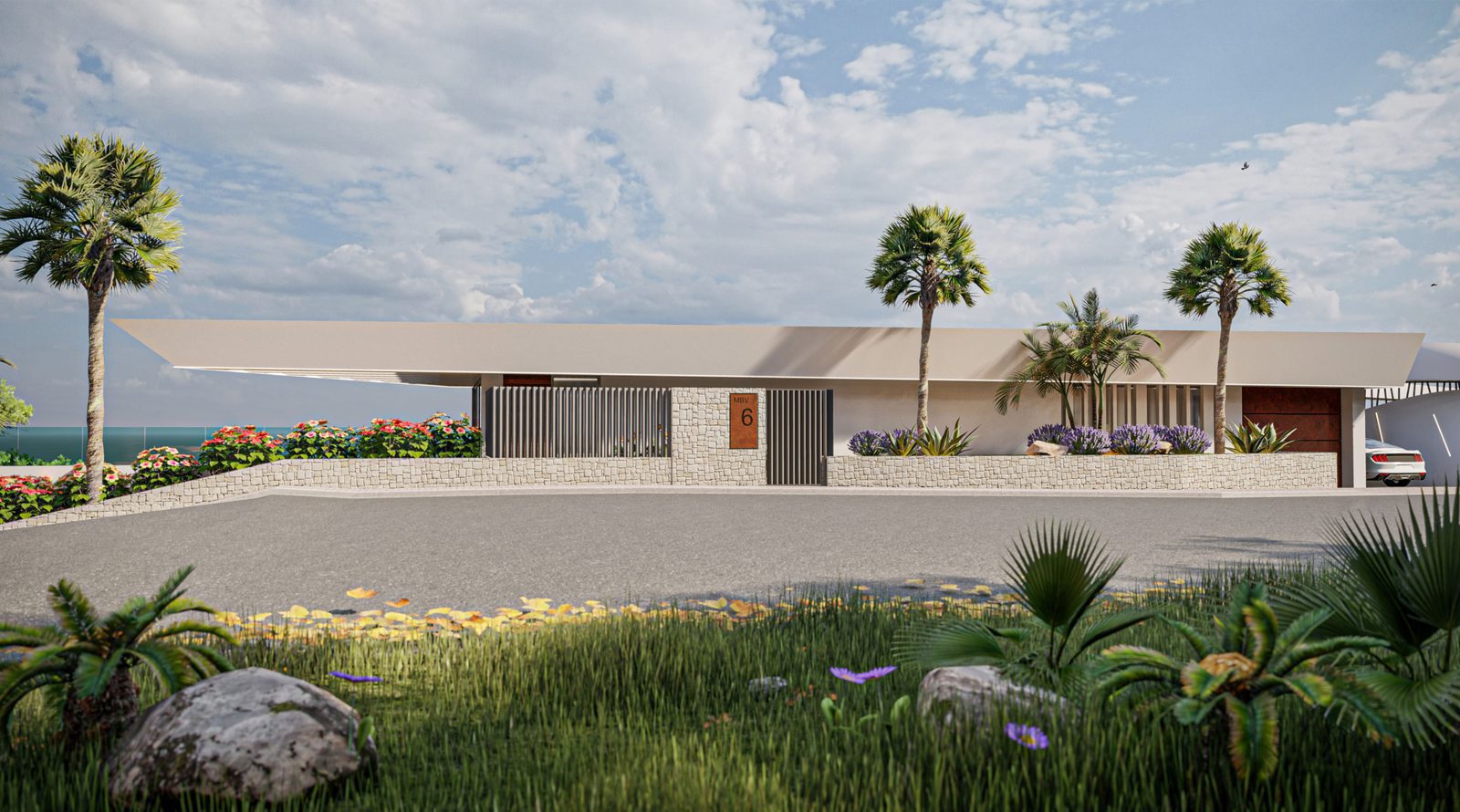 Modern villa exterior with sea views and lush landscaping in Calpe - The Estates