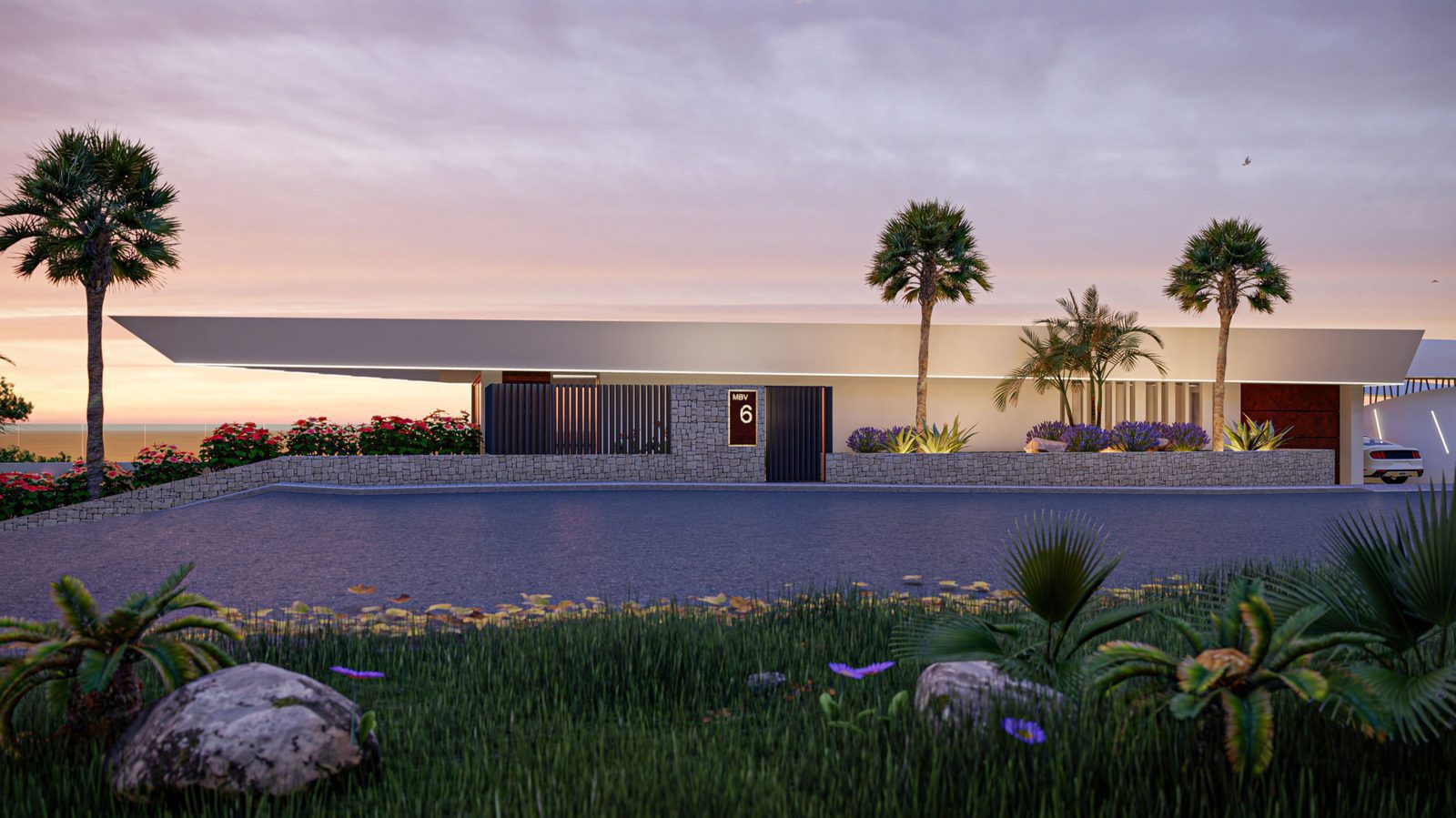 A modern villa exterior with sea views and palm trees at sunset - The Estates