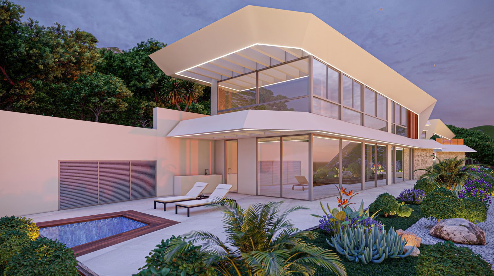 Modern villa exterior with sea views and lush landscaping in Calpe - The Estates