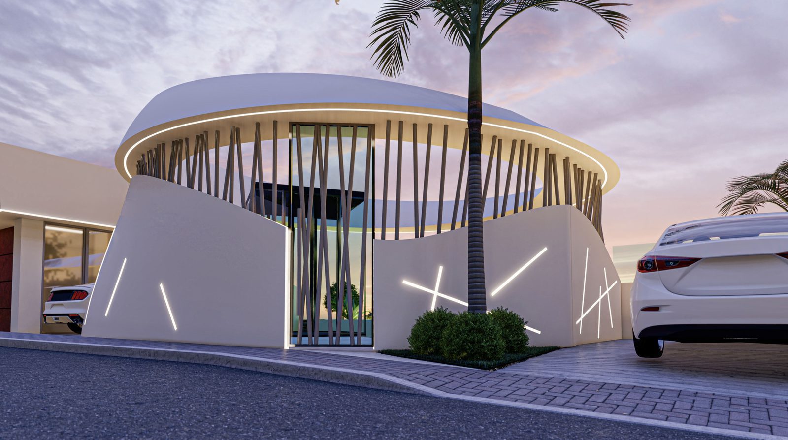 Modern villa exterior with illuminated architecture and palm trees in Calpe - The Estates