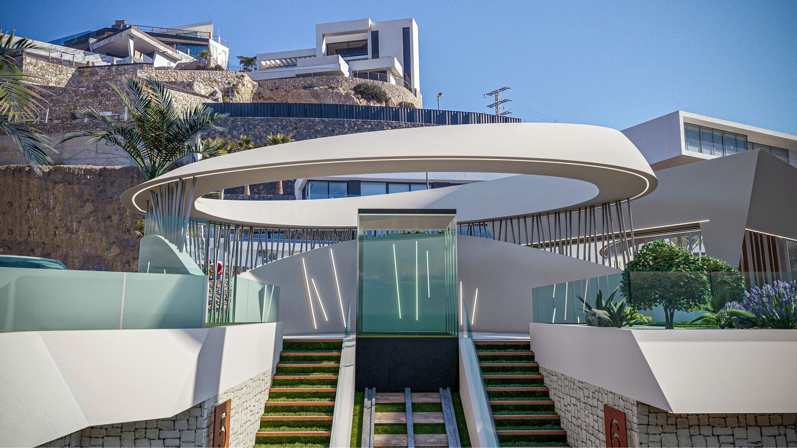 Modern villa exterior with unique architecture and stunning sea views of a 4-bedroom villa in Calpe - The Estates