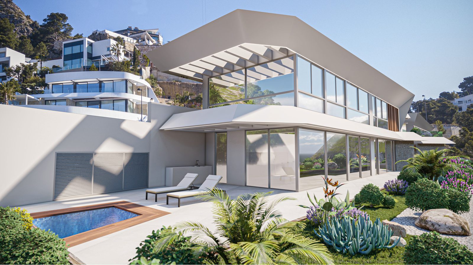 Modern villa exterior with pool and stunning sea views of a 4-bedroom villa in Calpe - The Estates