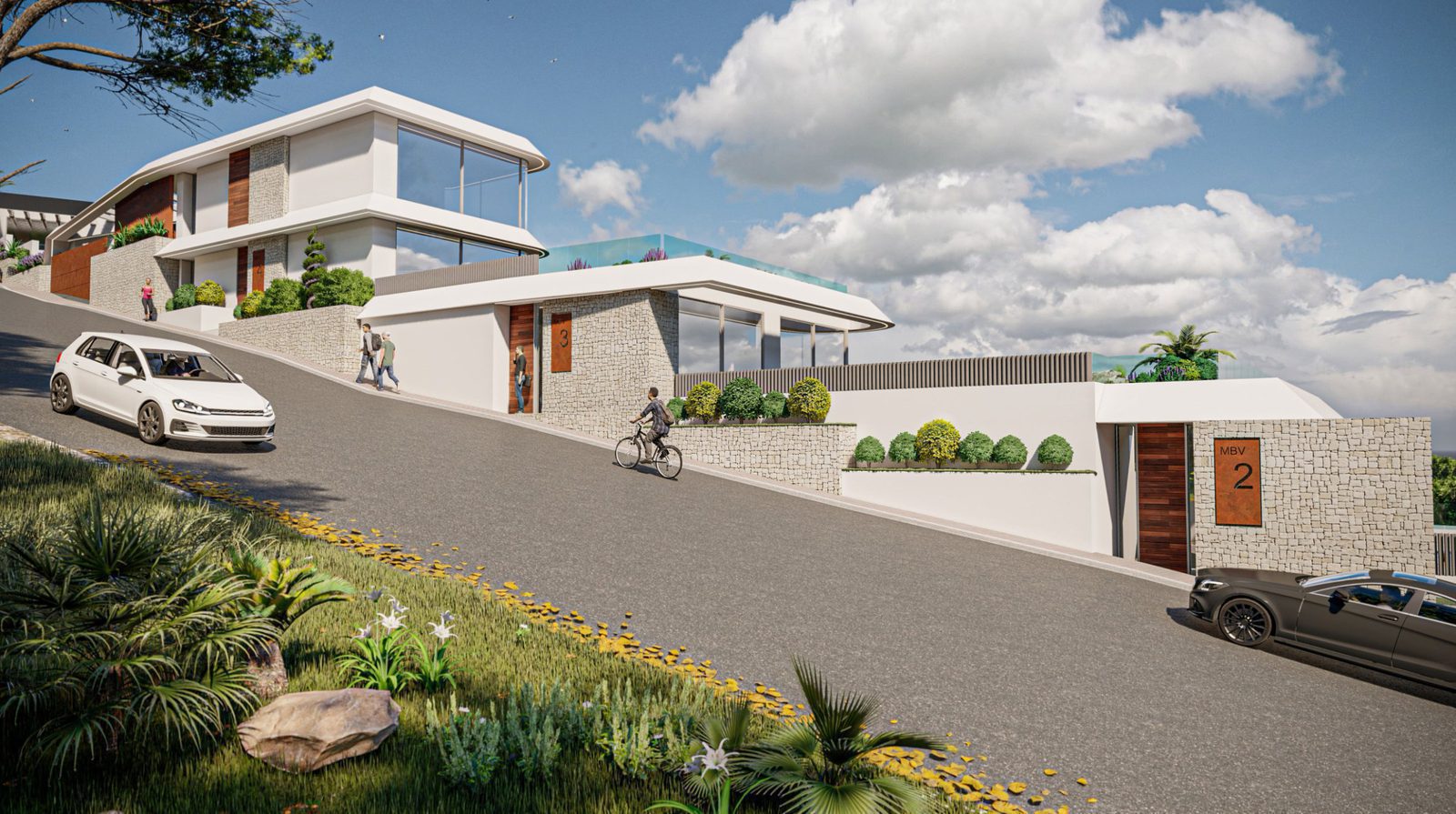 Exterior view of a 4-bedroom villa in Calpe, showcasing its elevated position and sea views - The Estates