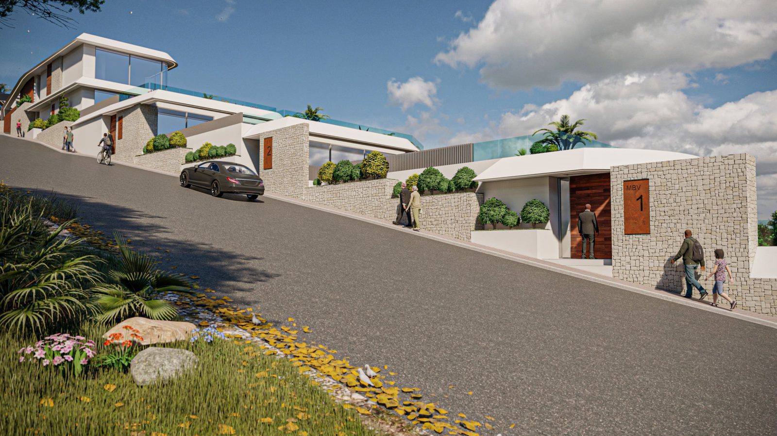 Exterior view of a 4-bedroom villa in Calpe with lush landscaping and sea views - The Estates