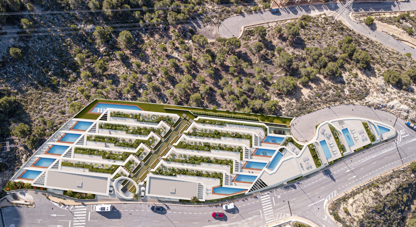 Aerial view of a modern 4-bedroom villa with a pool and landscaped gardens in Calpe - The Estates