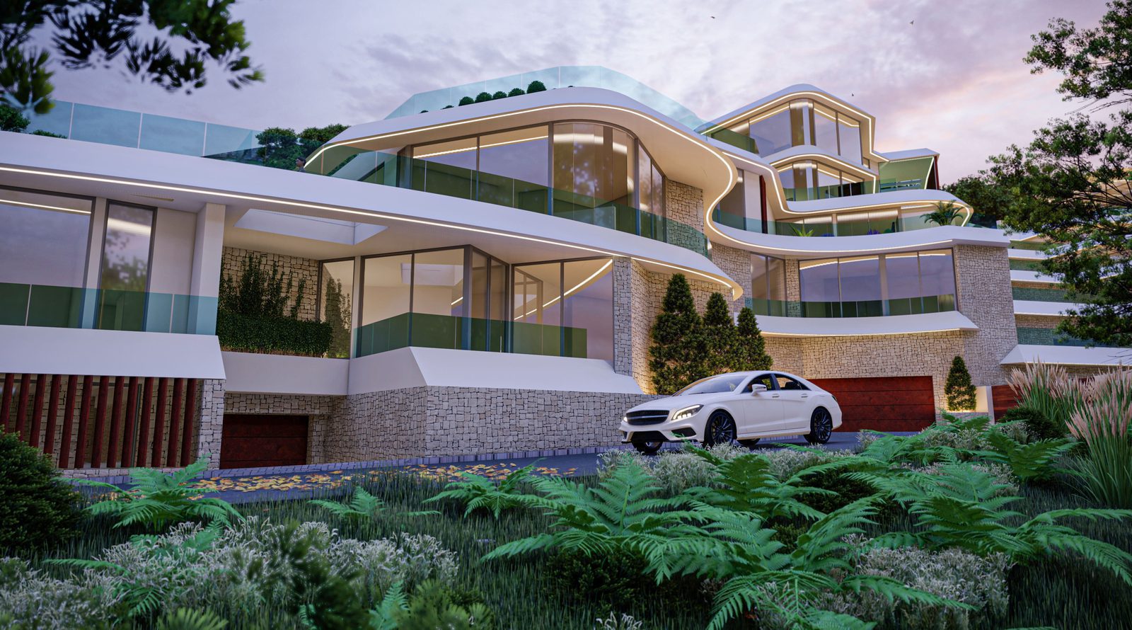 Modern villa exterior with a car in the driveway, showcasing sea views in Calpe - The Estates