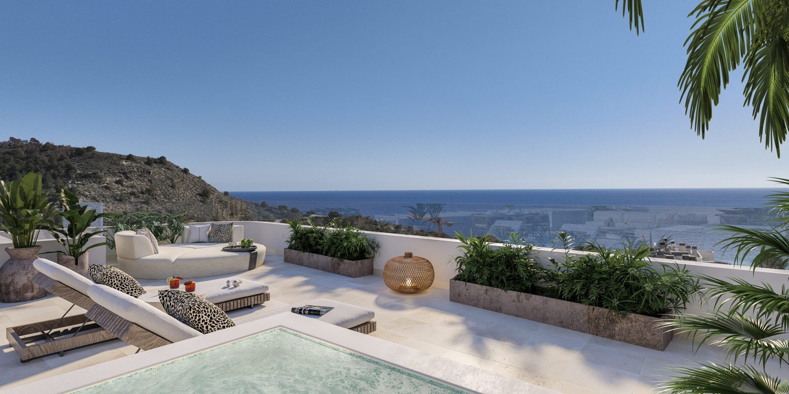 Terrace with private pool, garden plants and sea views at a 2-bedroom apartment in Villajoyosa - The Estates