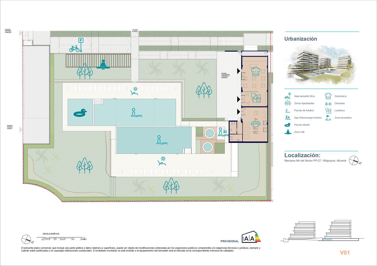 Residential complex site plan with pools, gardens, gym and leisure facilities