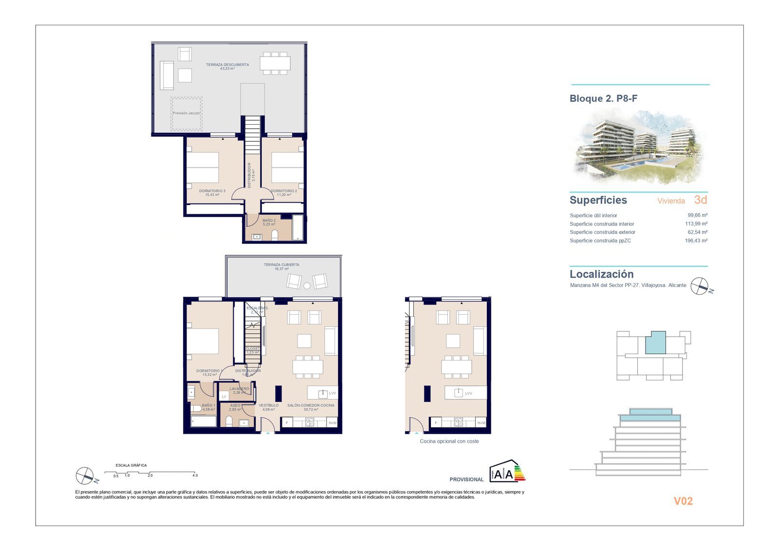 Floor plan of a 3-bedroom penthouse with terraces in Villajoyosa - The Estates