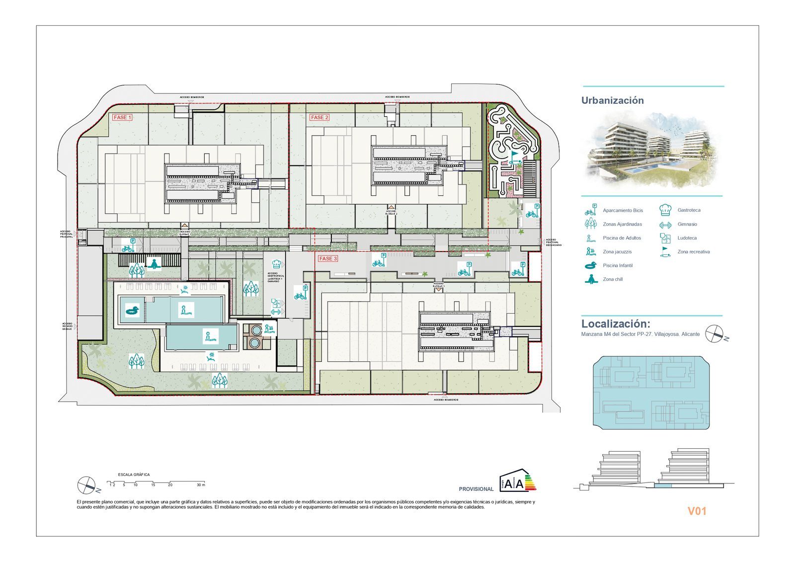 Urbanisation site plan with pools, gardens and amenities for a 3-bedroom penthouse in Villajoyosa - The Estates