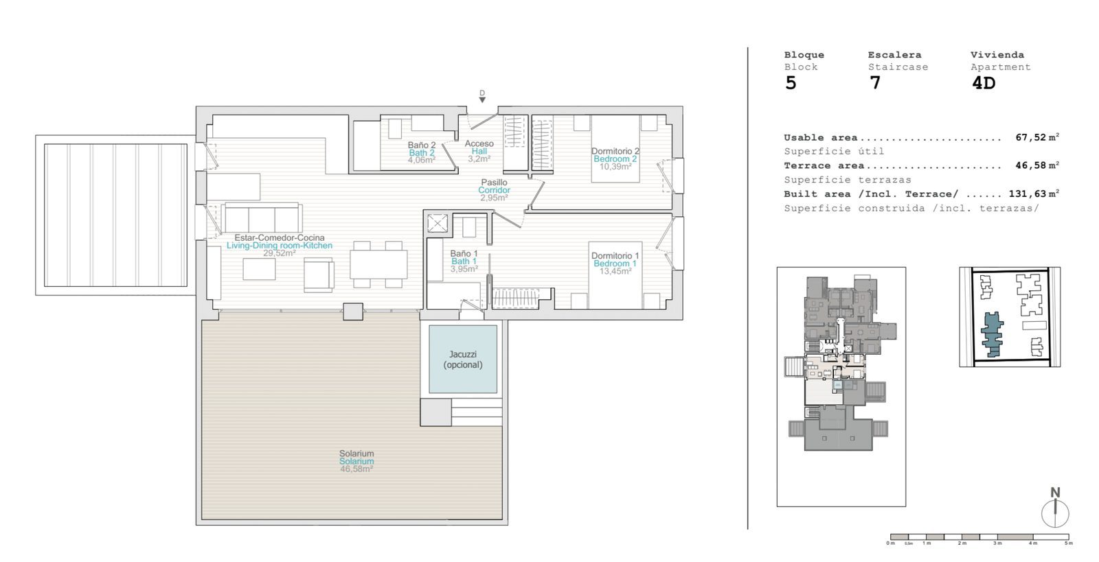 Floor plan showing the layout, solarium and optional jacuzzi of a 2-bedroom pent