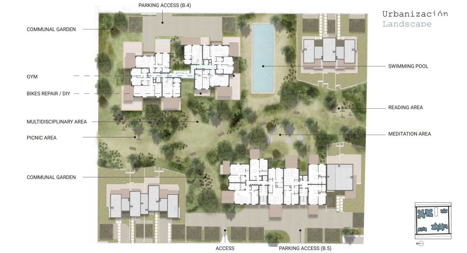 Landscape masterplan showing communal gardens, swimming pool, residential buildings and amenities of a 2-bedroom penthouse in El Ver