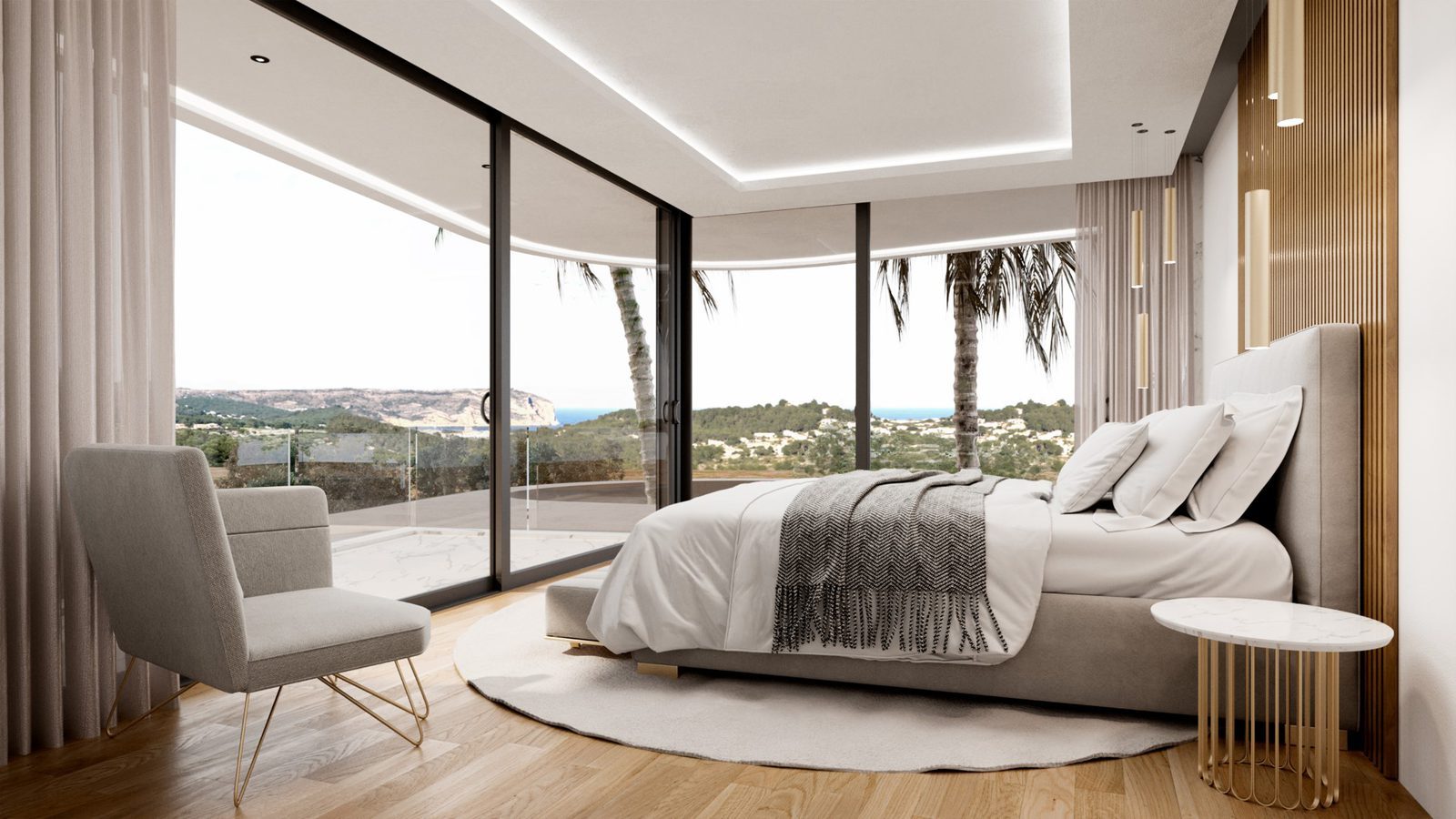 Modern bedroom with panoramic sea and mountain views of a 4-bedroom villa in Jávea - The Estates