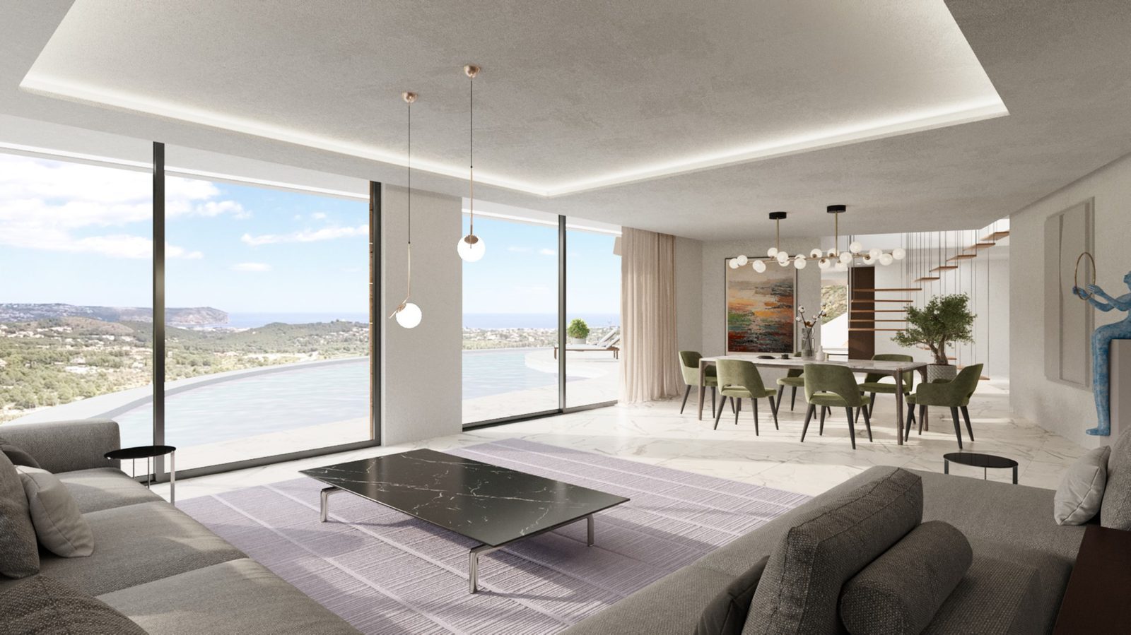Modern open-plan living and dining room with panoramic sea views of a 4-bedroom villa in Jávea - The Estates