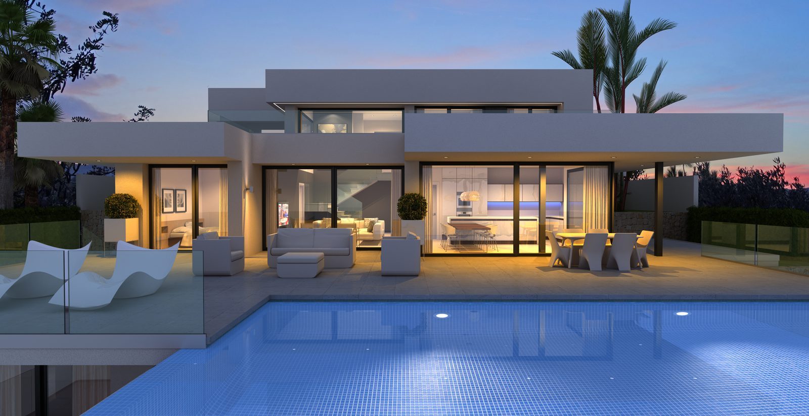 Modern villa with pool, terrace and open-plan interiors at dusk, of a 3
