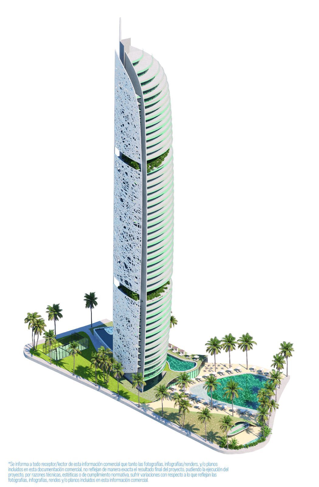 Architectural render of a high-rise 2-bedroom apartment tower with pools and tropical gardens in Benidorm