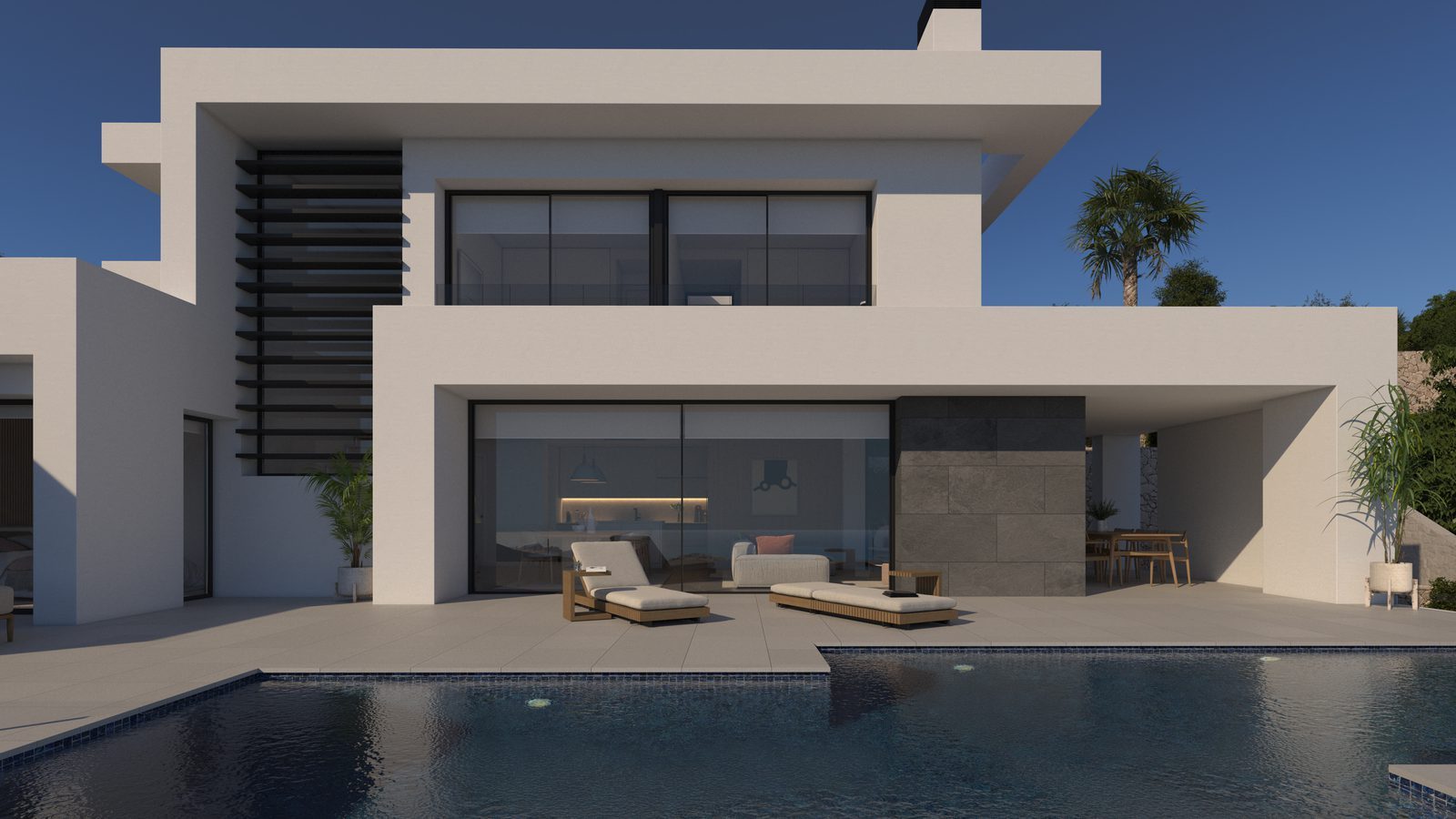 Modern poolside exterior of a 3-bedroom villa in Benitachell - The Estates