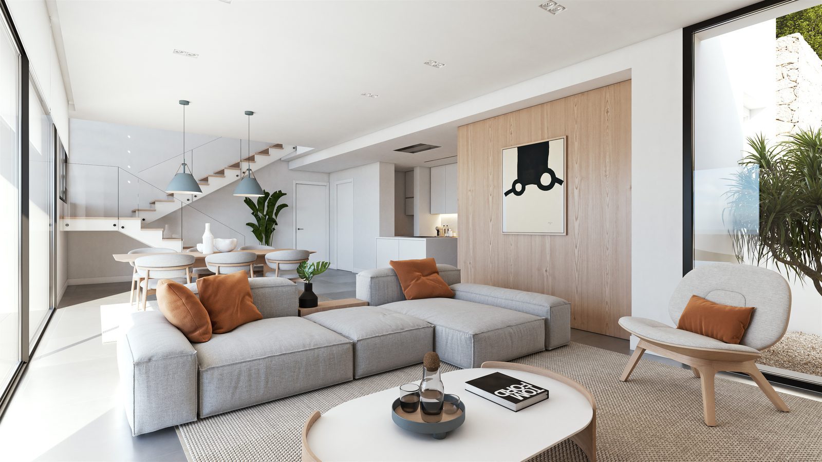 Bright modern open-plan living and dining room with staircase, large windows and contemporary furnishings in a 3-bedroom villa in Benitachell - The Estates
