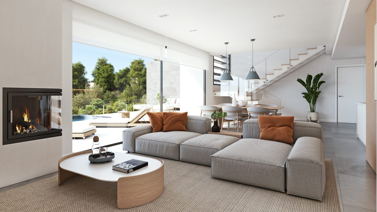 Contemporary open-plan living room with fireplace, dining area and pool views of a