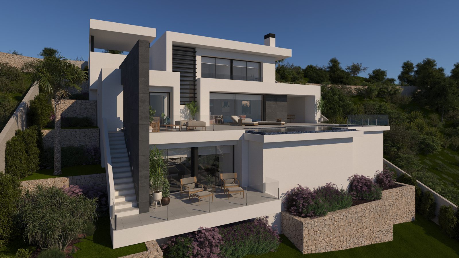 Modern villa exterior with terraces, pool and landscaped gardens of a 3