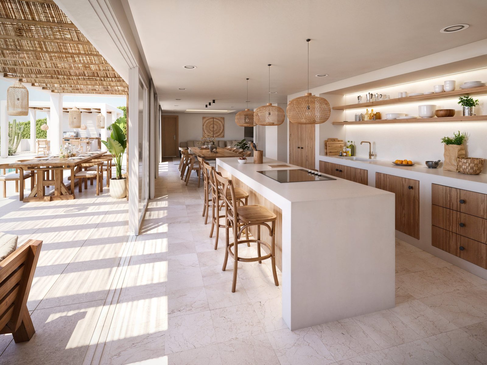 Stylish kitchen and dining area with pool access in a 5-bedroom villa in Javea - The Estates