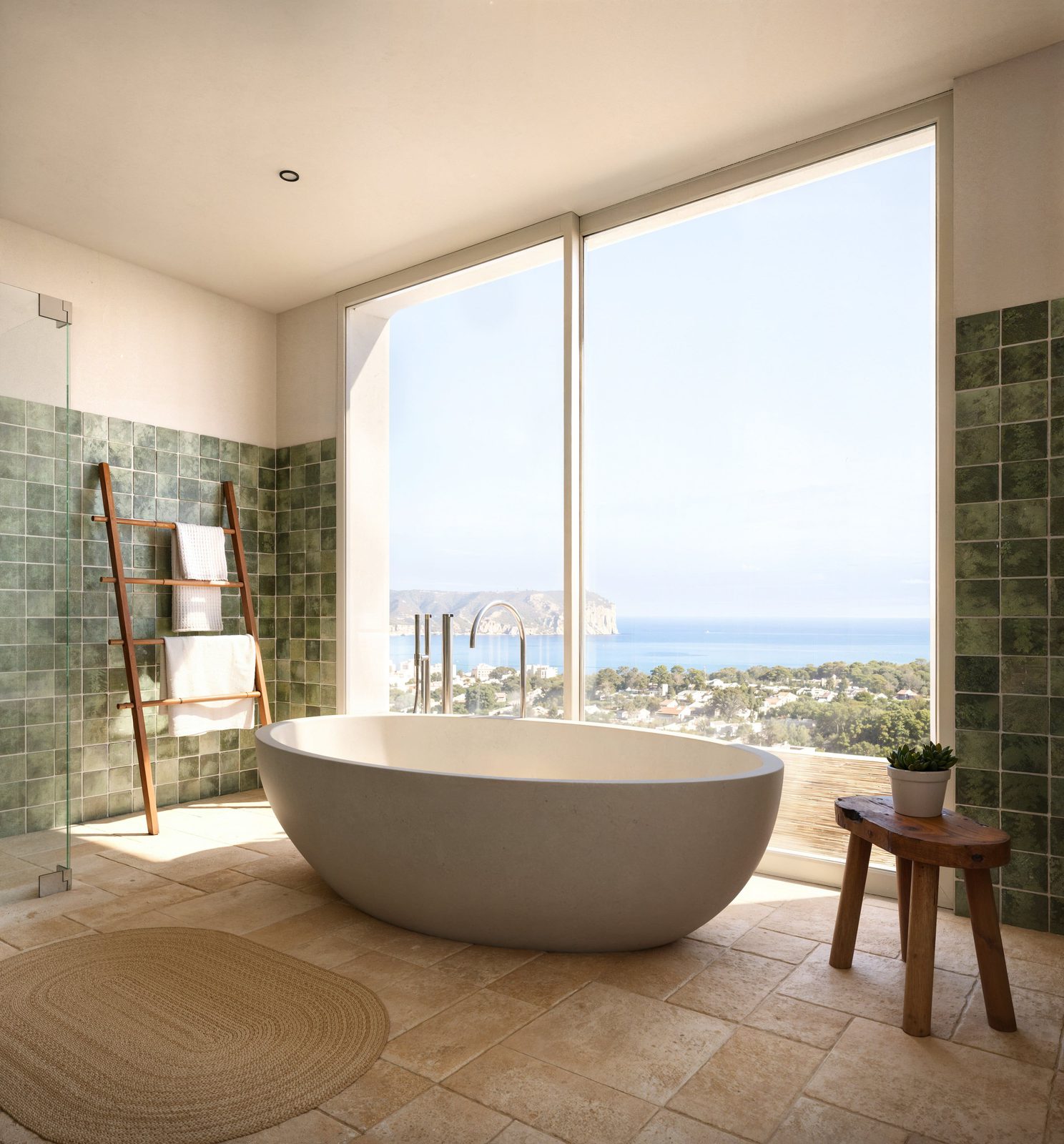 Luxurious bathroom with a freestanding tub and stunning sea views in a 5-bedroom villa in Javea - The Estates