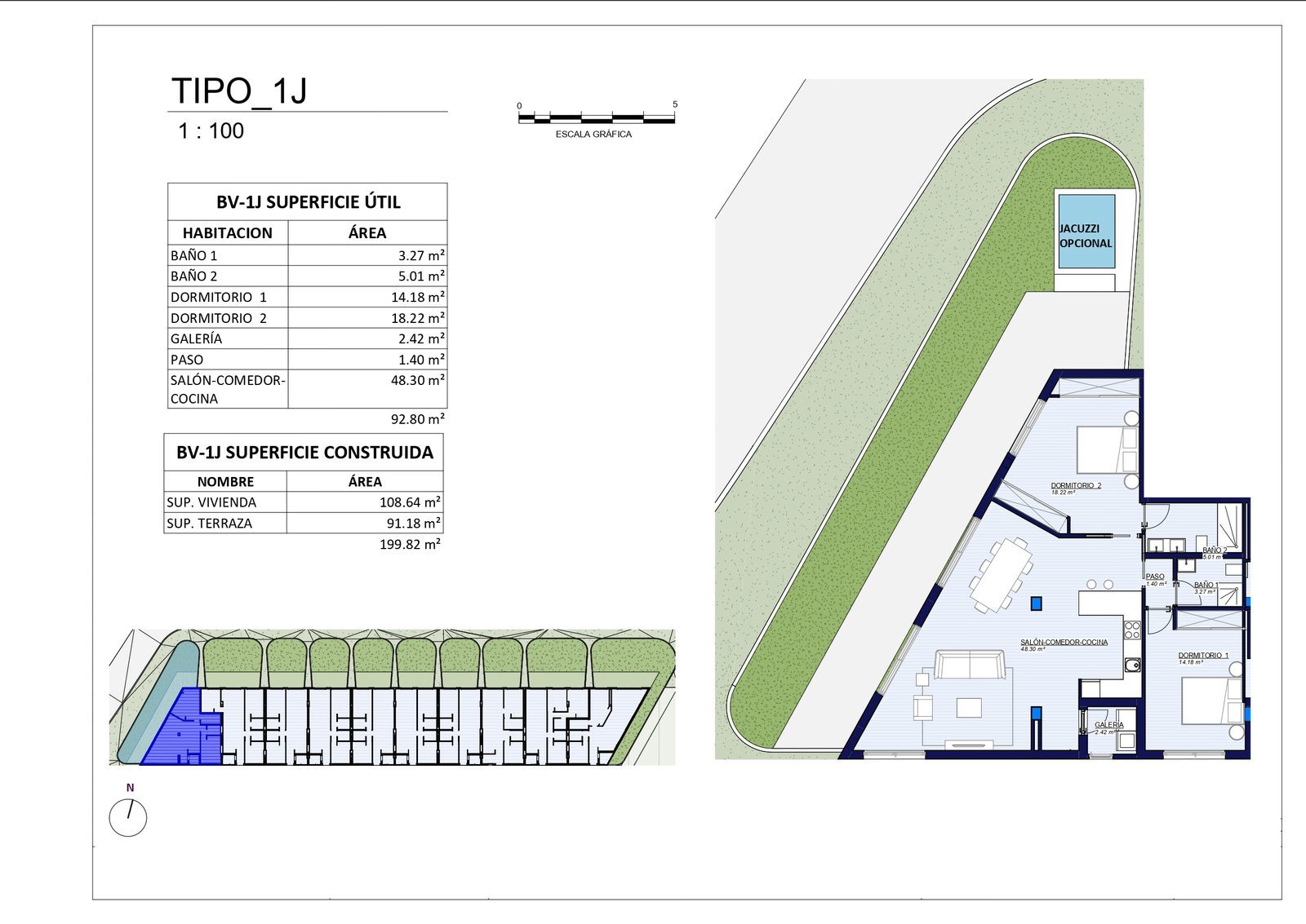 Floor plan with garden, terrace and optional jacuzzi of a 2-bedroom apartment