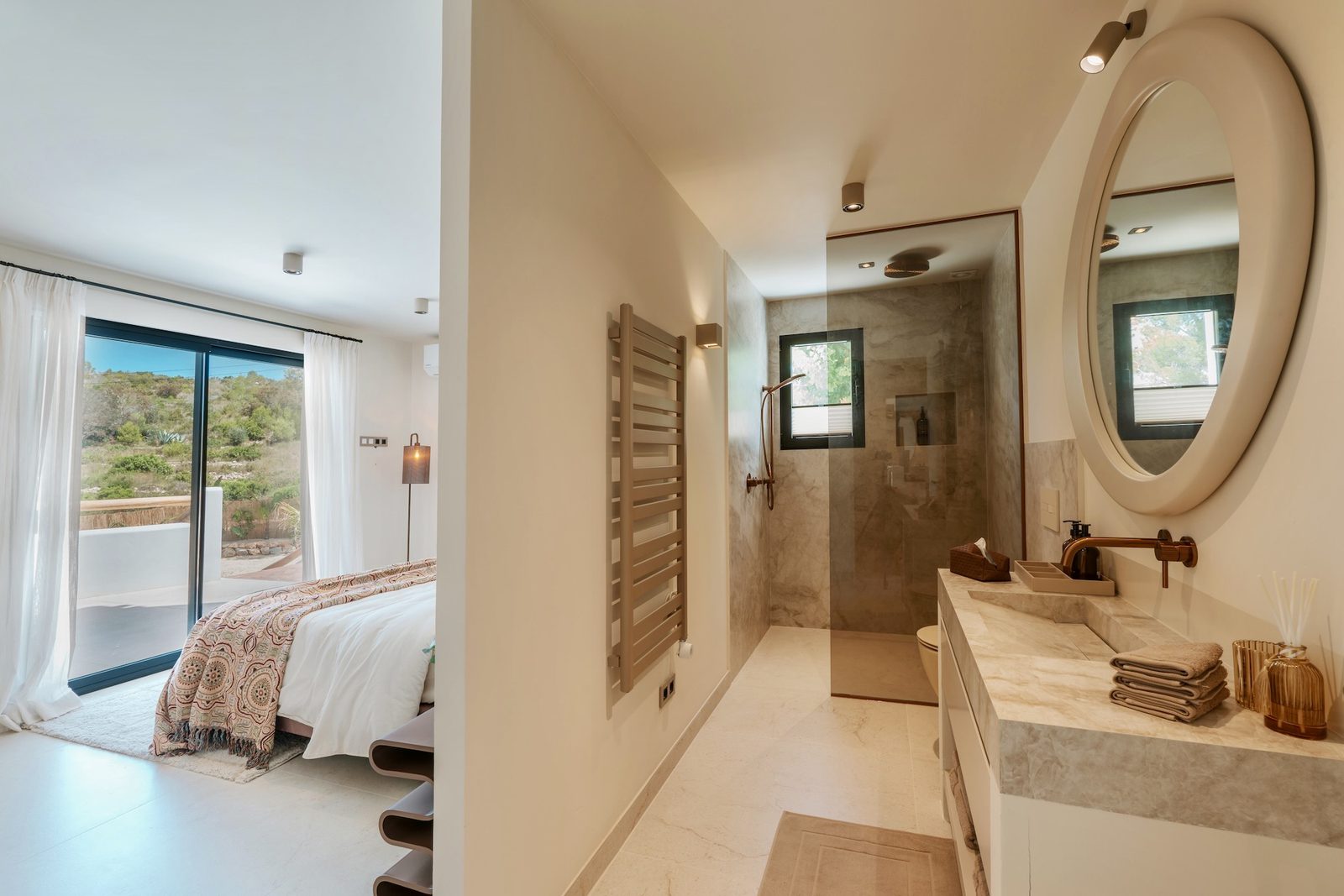 Stylish bathroom with shower and window views of a 4-bedroom villa in Javea - The Estates