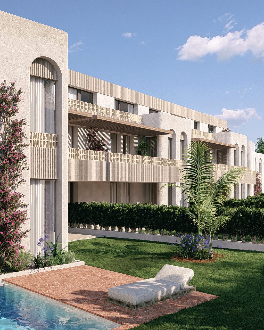 Exterior view of a 3-bedroom apartment in Jávea with a pool and garden - The Estates