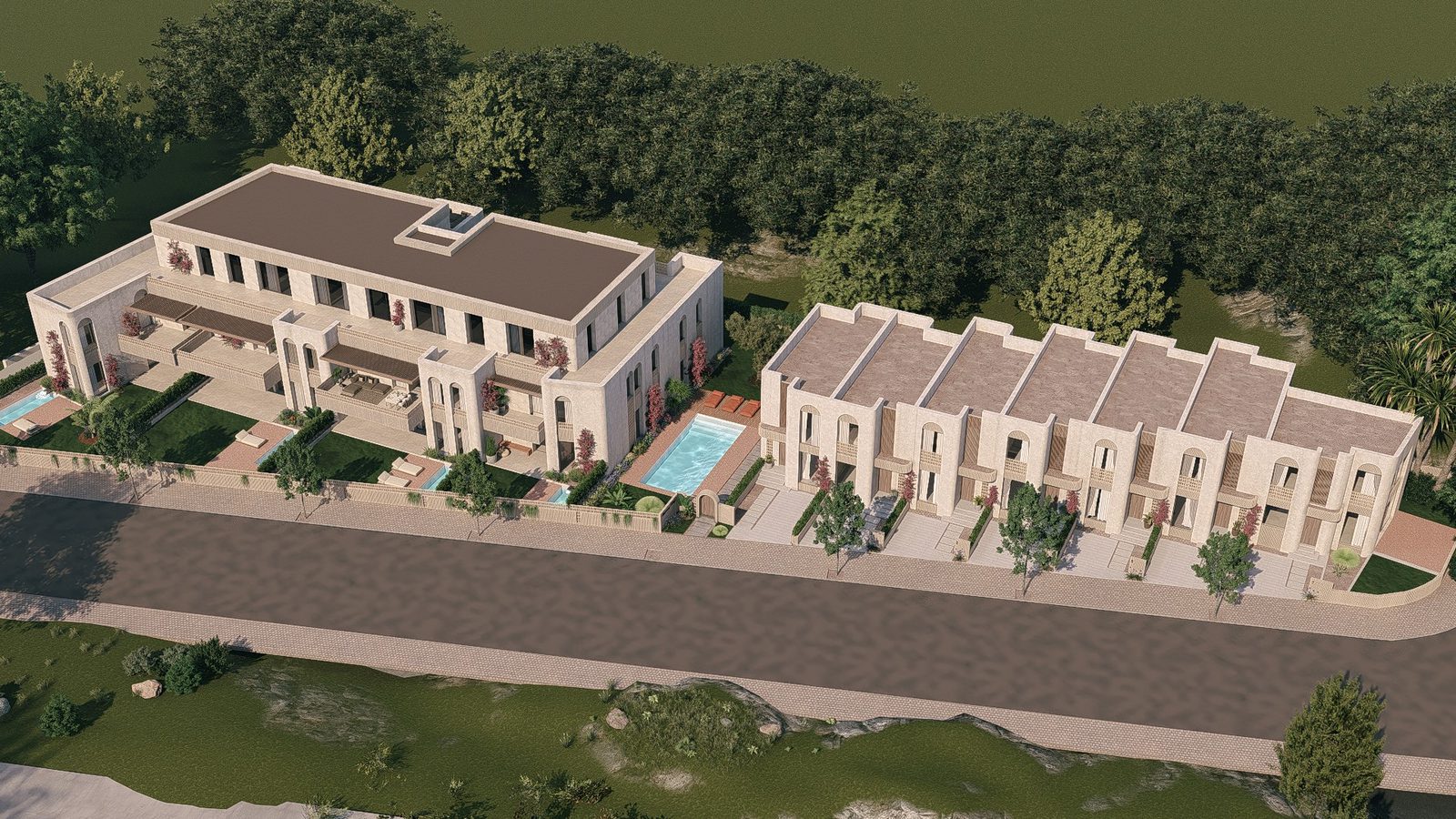 An aerial view of a modern 3-bedroom apartment complex with a pool in Jávea - The Estates
