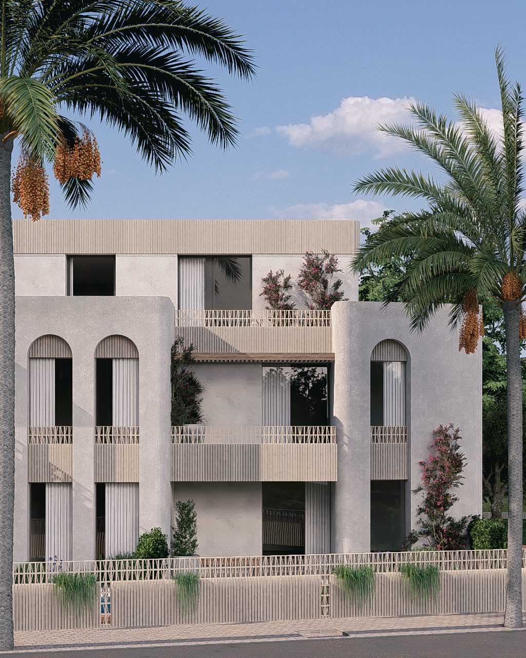 Modern apartment building with palm trees and mountain views in Jávea - The Estates