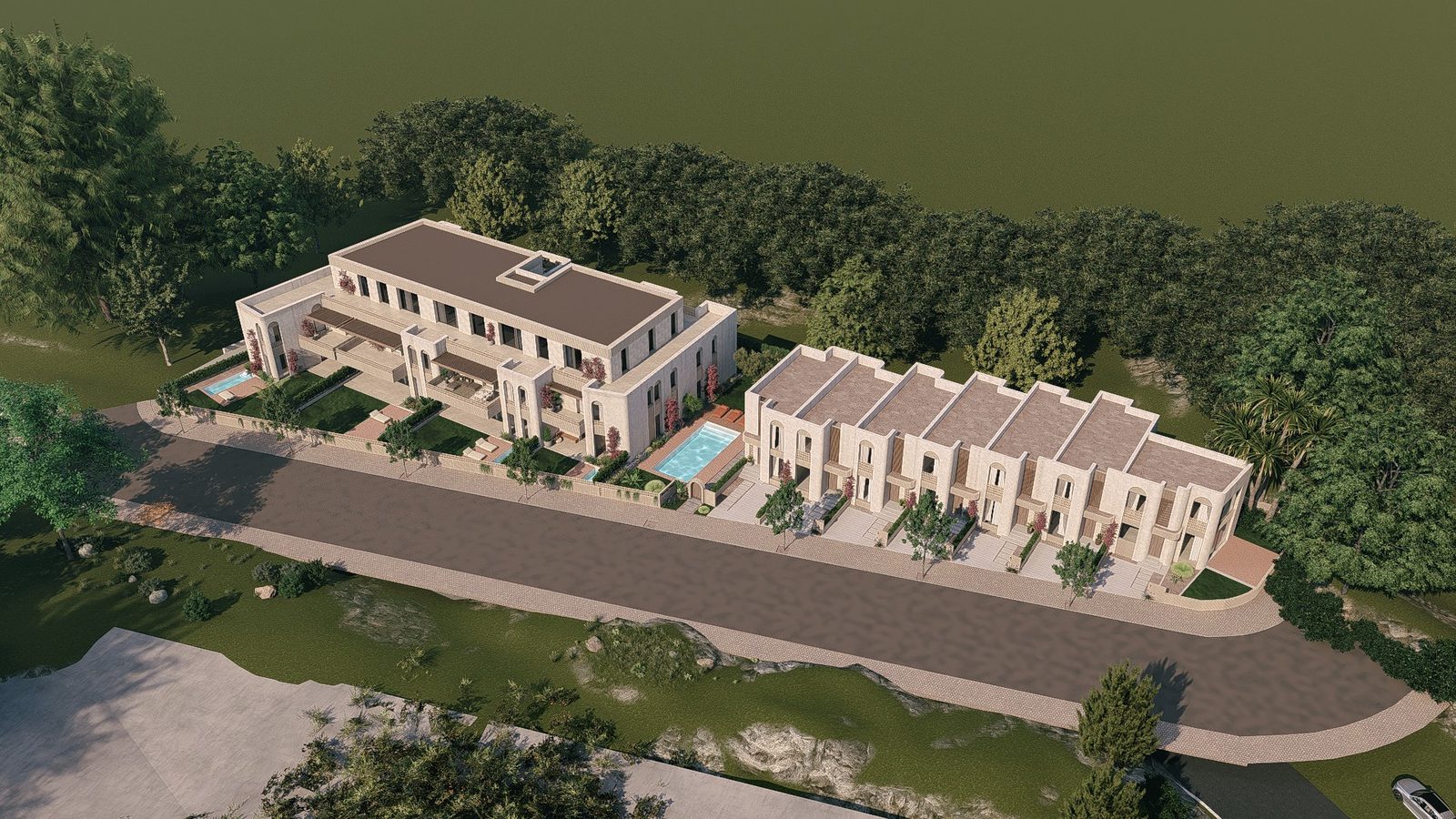 An aerial view of a modern apartment complex with mountain views in Jávea - The Estates