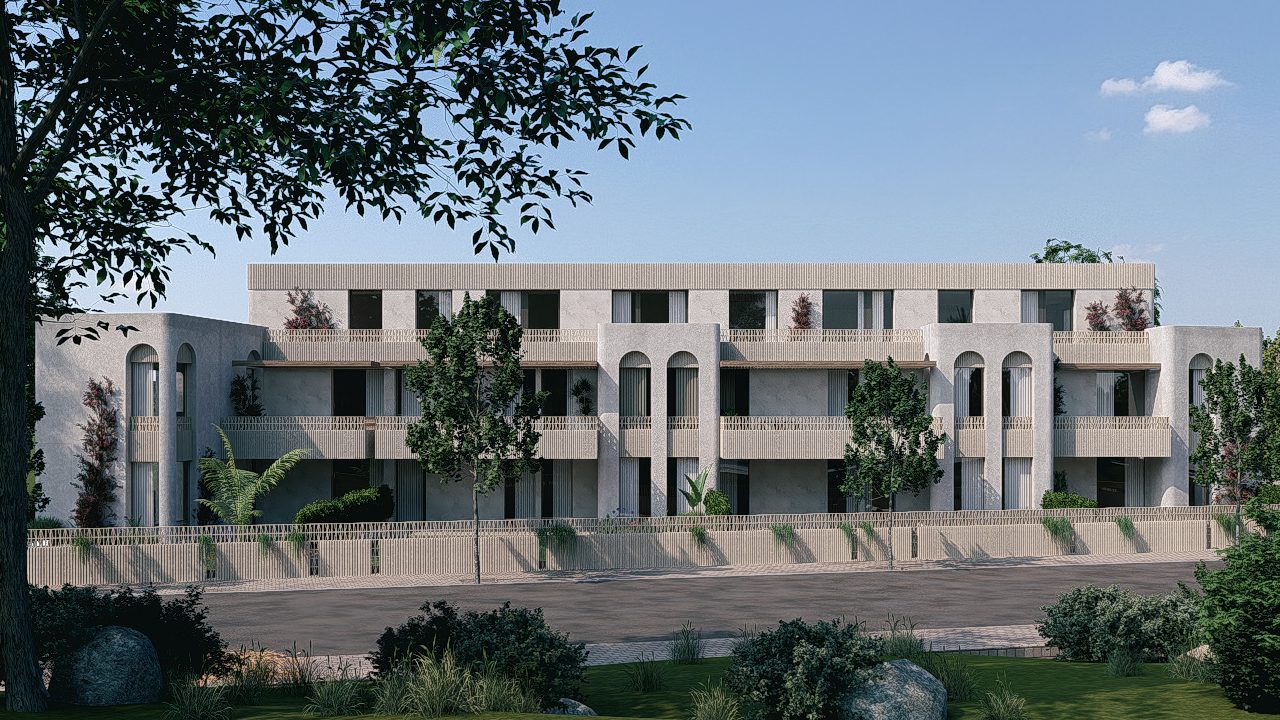 Exterior view of a modern 3-bedroom apartment building with mountain views in Jávea - The Estates