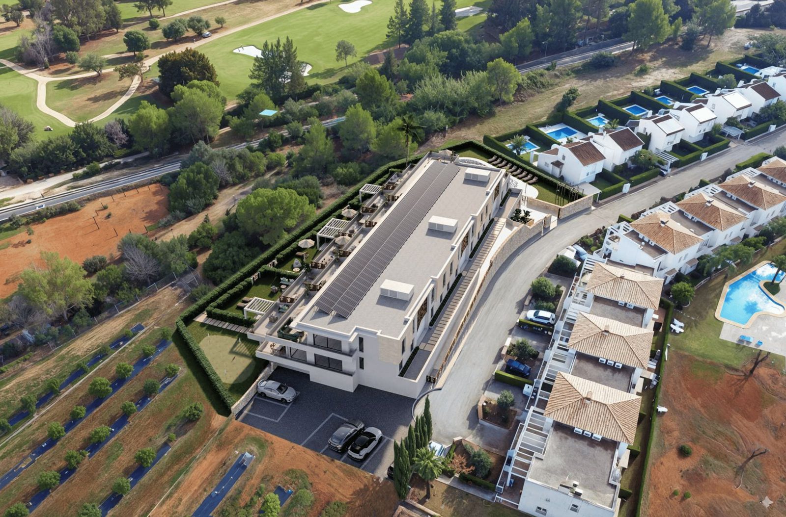 An aerial view of a 2-bedroom penthouse with golf and mountain views in Pedreguer - The Estates