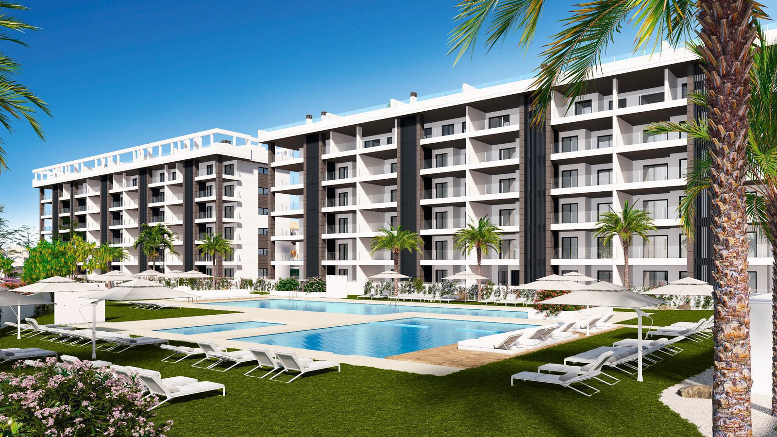 Exterior view of a modern 3-bedroom penthouse with a pool and garden in Torrevieja - The Estates